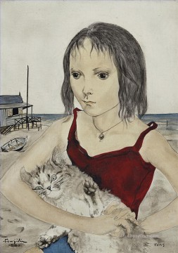 Jeune fille avec Son chat sur la plage Leonard Tsuguaru Fojita 日本語 Oil Paintings